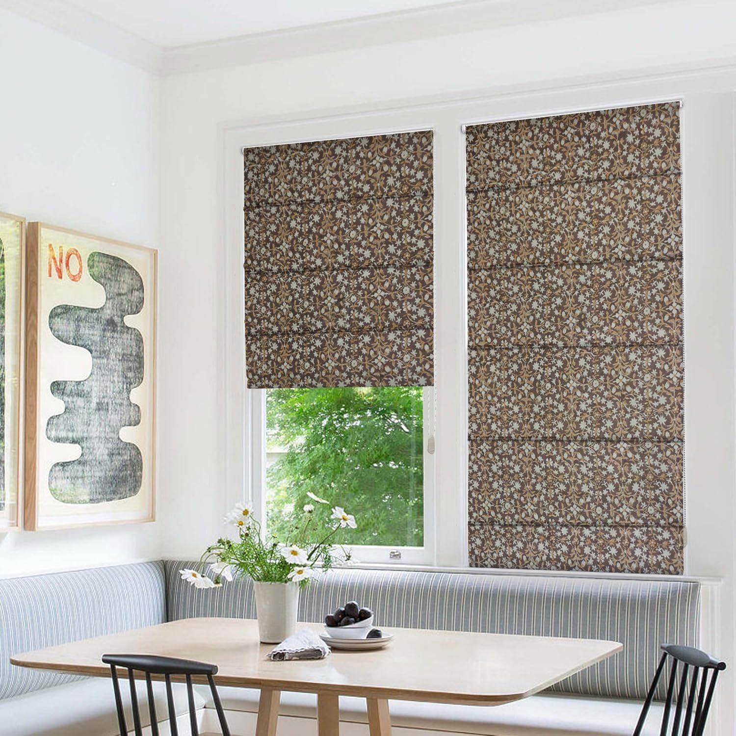 Hand Block Printed Boho Roman Shade Maroon & Mustard Floral Window Blind in Heavy Linen – Mahalaxmi