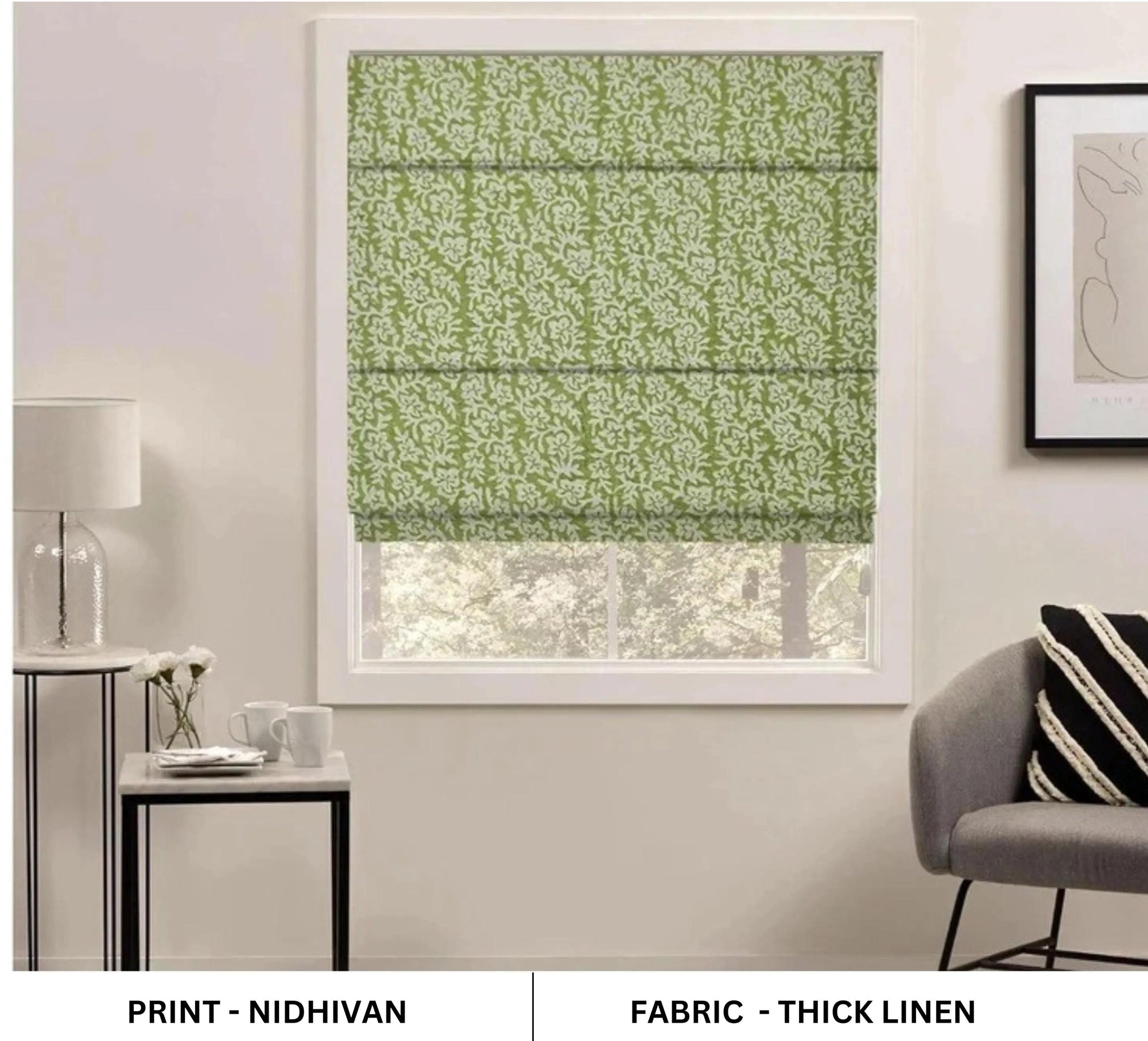 Block Printed Green Floral Roman Shade Boho Window Blind in Thick Linen for Cozy Natural Home Decor - Nidhivan