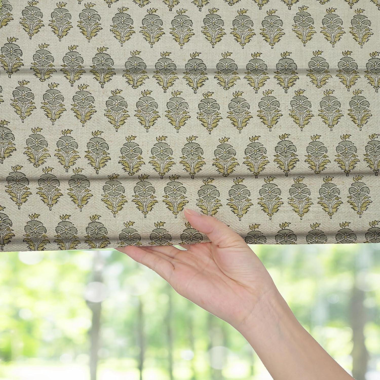 Hand Block Roman Shade in Pure Linen Gray & Deep Green Botanical Window Elegance - Mormukut