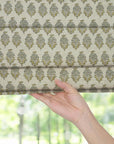 Hand Block Roman Shade in Pure Linen Gray & Deep Green Botanical Window Elegance - Mormukut