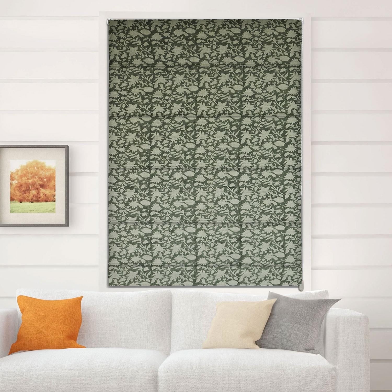 Block Printed Gray Floral Roman Shade in Thick Linen Window Covering for Bedroom Decor – Manikarnika