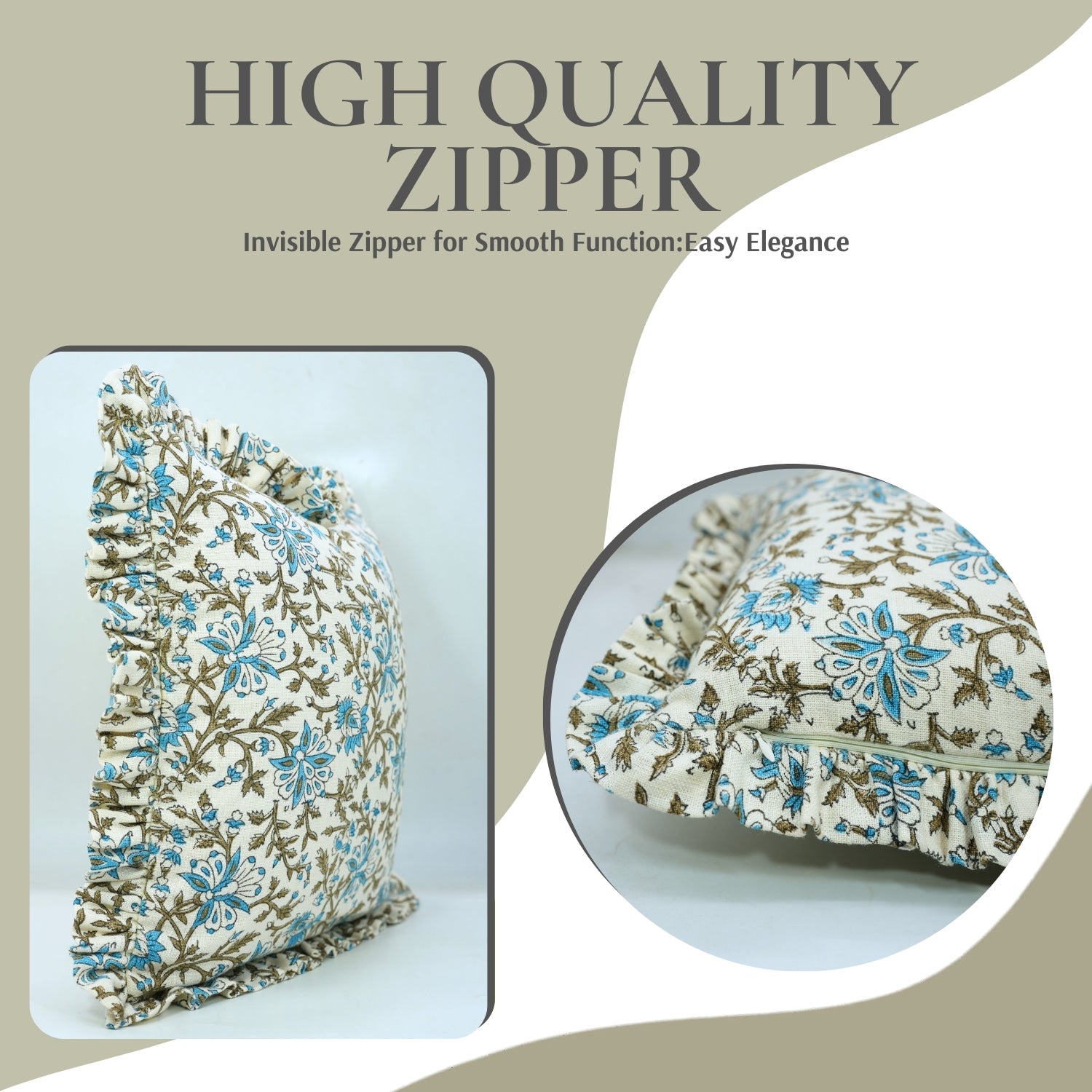 Indian Artisan Blue & Green Floral Block Printed Off-White Linen Frill Pillow Cover - Neera Bel