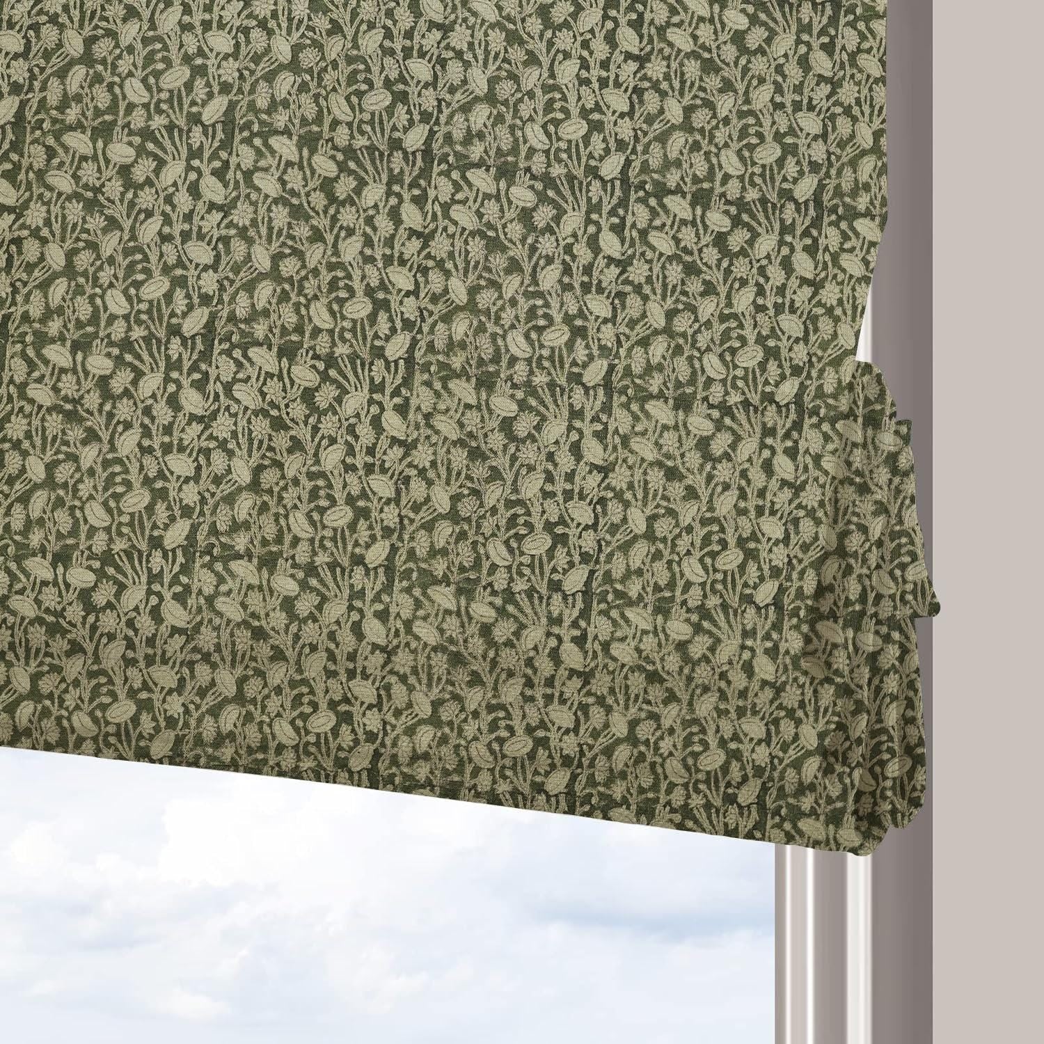 Hand Stamped Green Floral Roman Shade Thick Linen Boho Window Decor - Pista