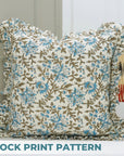 Indian Artisan Blue & Green Floral Block Printed Off-White Linen Frill Pillow Cover - Neera Bel