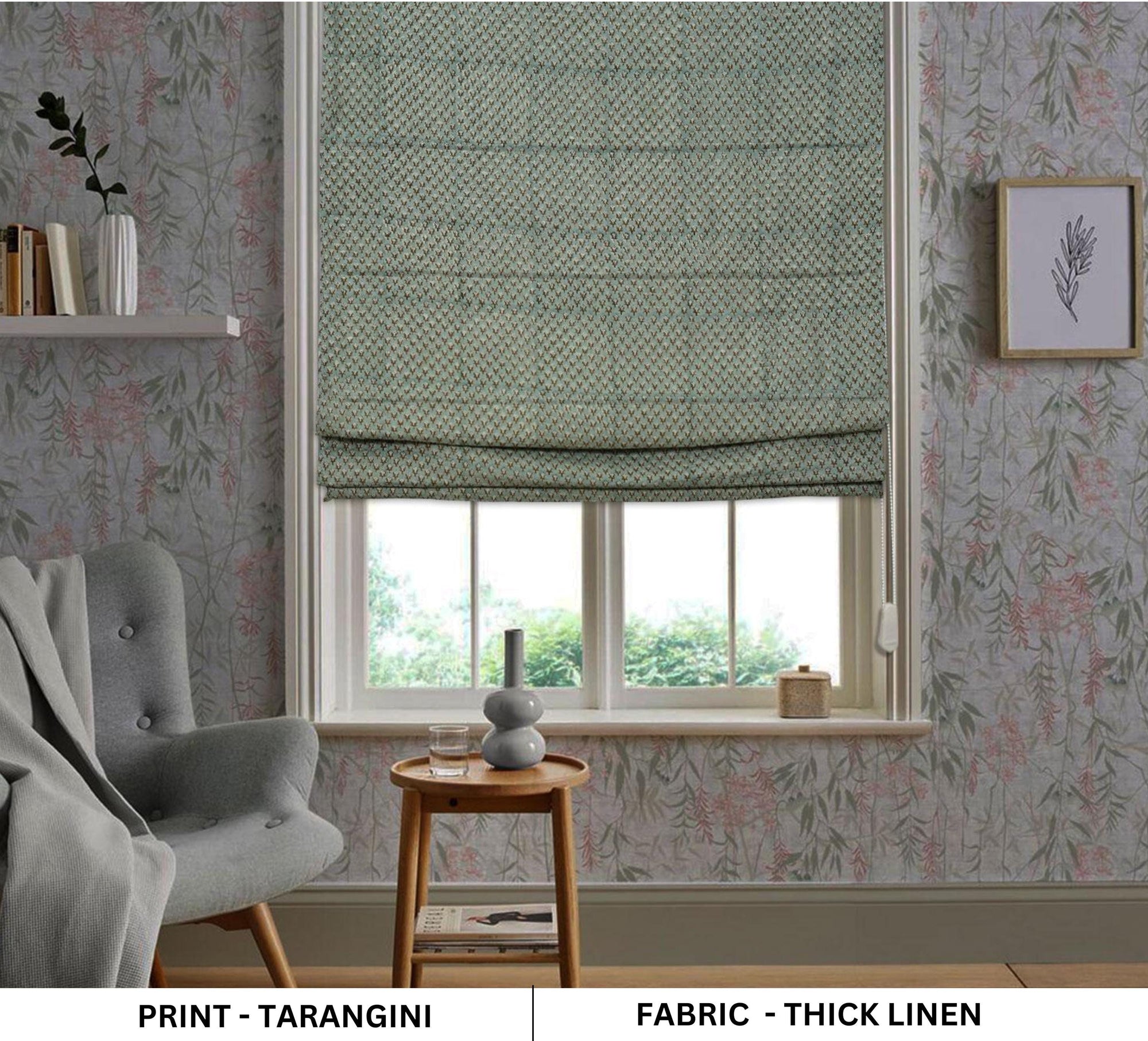 Handmade Gray Floral Block Printed Blackout Thick Linen Roman Shade Window Blind – TARANGINI