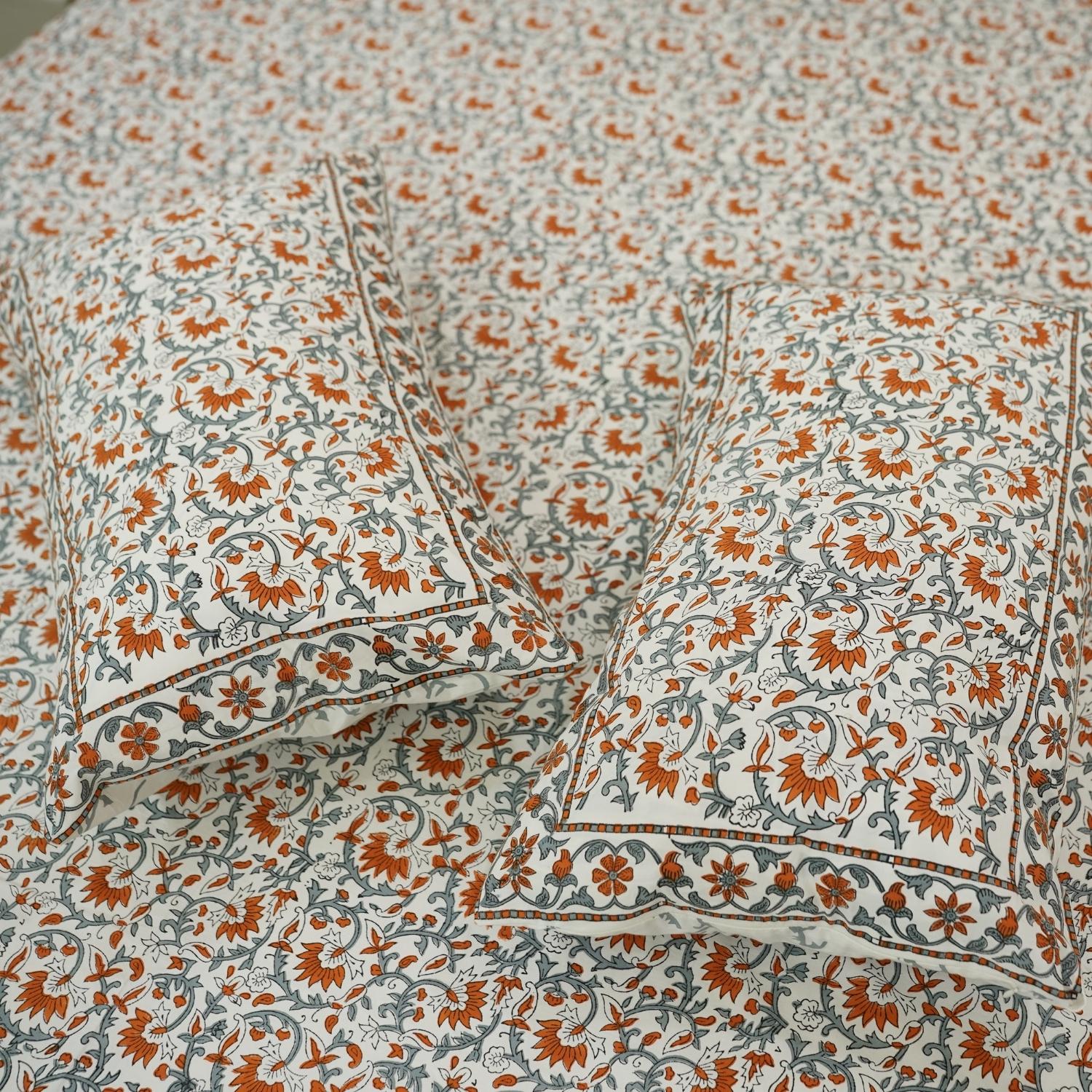 A nod to tradition, this hand block printed cotton bedsheet features graceful florals and comes with pillow covers. It’s perfect for a relaxing, aesthetically soothing bedroom makeover.