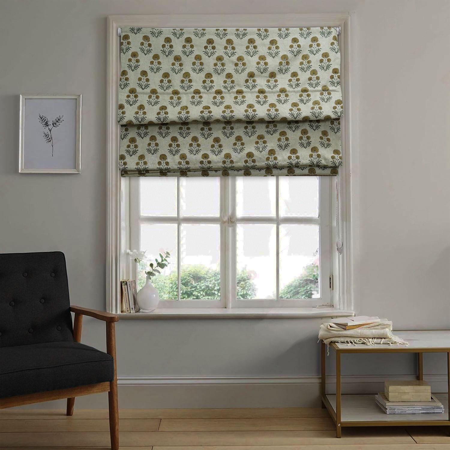 Handblock Printed Boho Gray and Brown Roman Shade on Pure Linen for Cafe or Living Room – RISHI