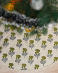 Indian Art Block Printed Green & Gray Floral Linen Blend Modern Christmas Tree Skirts Manmohan for Farmhouse Decor
