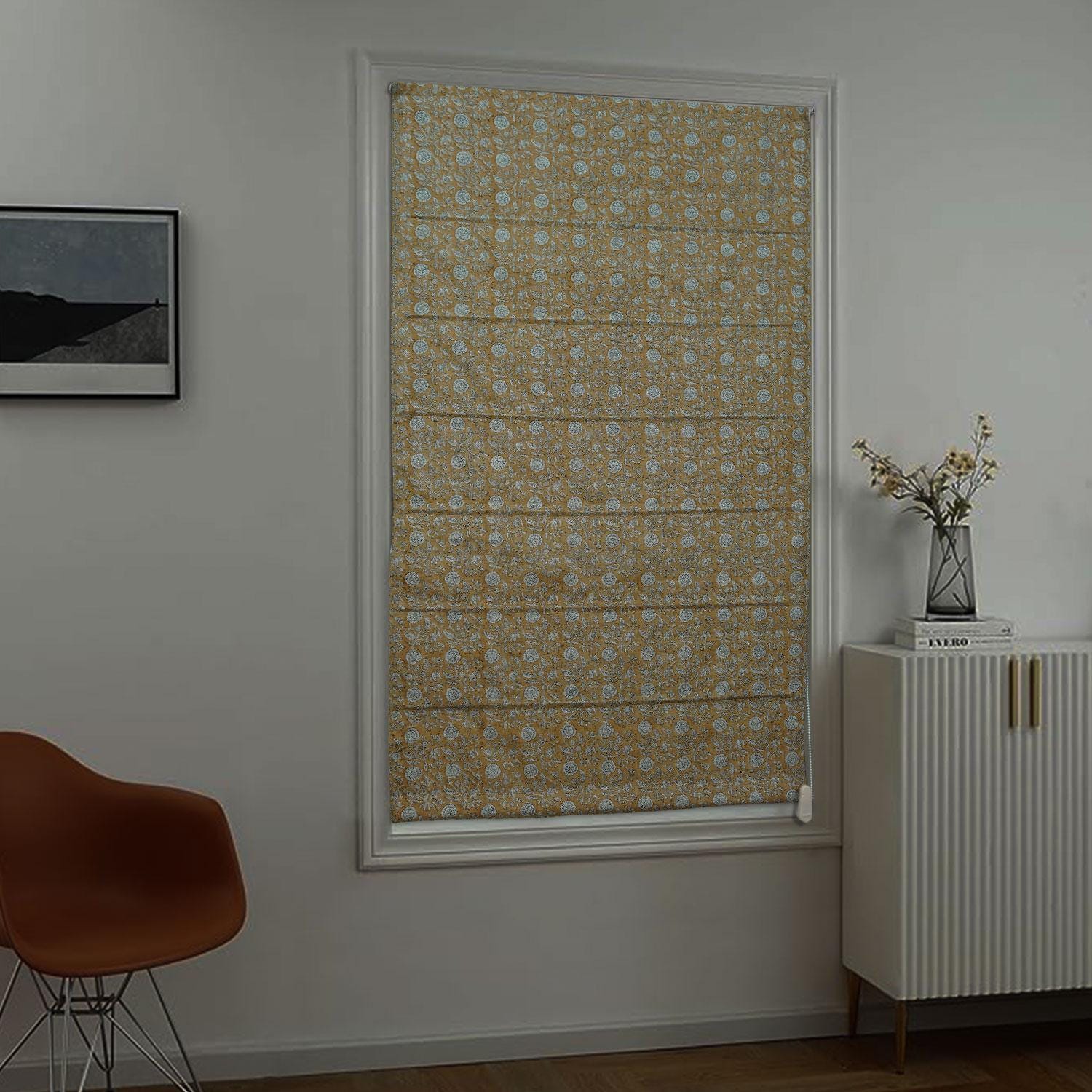 Hand Block Print Roman Shade in Mustard & Gray Floral on Cotton Linen For Home Decor – SHILONG