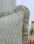 Handmade Throw Block Printed Gray and Beige Floral Thick Linen Frill Pillow Cover - Tulsi Buti