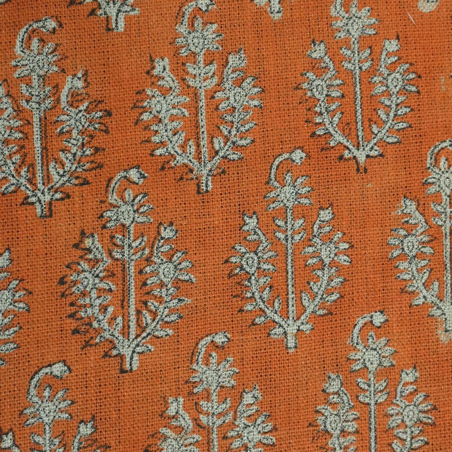 Block Printed Orange Floral Thick Linen Roman Shade Blackout Window Curtain Treatment - Neel Gagan