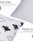 Handmade Black Bat Pillow Cover Block Printed on Thick White Cotton by Indian Artisans for Home Decor
