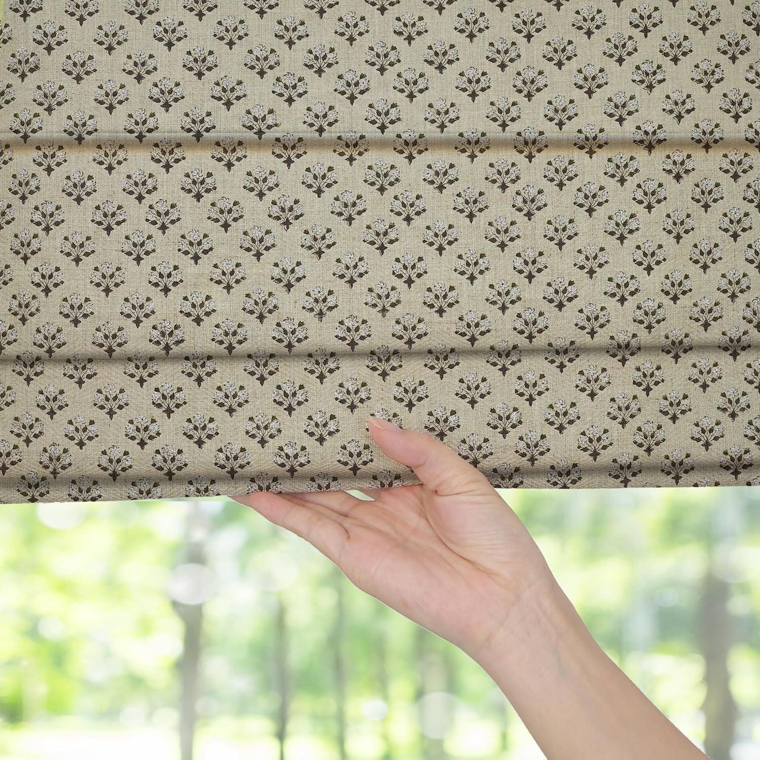 Indian Block Printed Boho Floral Roman Shade in Brown & Gray Pure Linen Window Covering - Diwali Flower