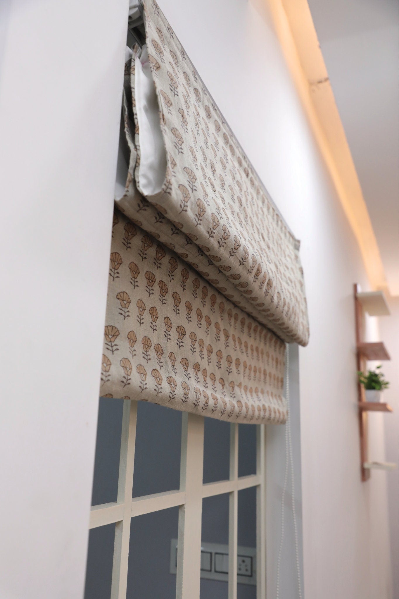 Hand Block Printed Boho Brown Floral Roman Shade in Pure Linen for Rustic & Modern Living Spaces - KOHINOOR