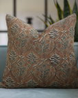 Block Printed Handcrafted Granite Gray and Pastel Brown Floral Thick Linen Indoor Pillow Cover - Vishal Pushp