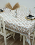 BROWN FLORAL HAND BLOCK PRINTED COTTON KITCHEN TABLE COVER AND NAPKINS SET - BEL PATRA