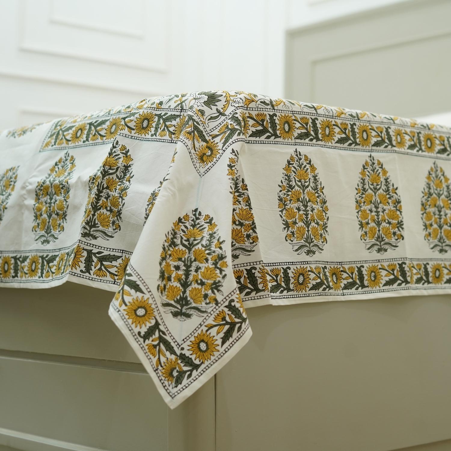 Hand block print cotton bedcover and pillowcase, yellow printed floral handmade art, Indian cotton fabric with white base, natural cotton king, queen and twin size bedsheet with pillow cover set.