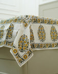 Hand block print cotton bedcover and pillowcase, yellow printed floral handmade art, Indian cotton fabric with white base, natural cotton king, queen and twin size bedsheet with pillow cover set.