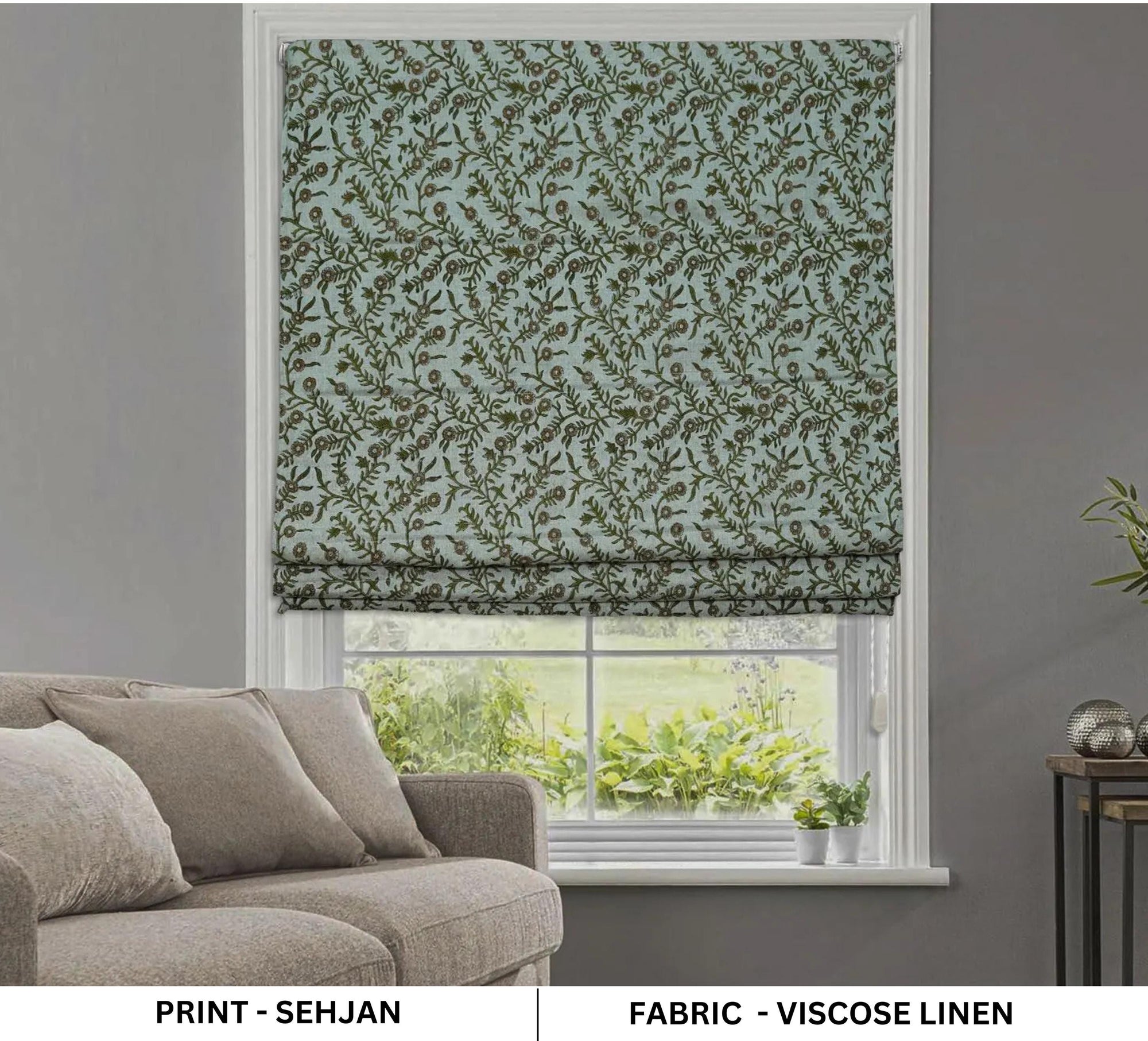 Handblock Printed Boho Gray Floral Roman Shade in Viscose Linen for Living Room – Sehjan Design