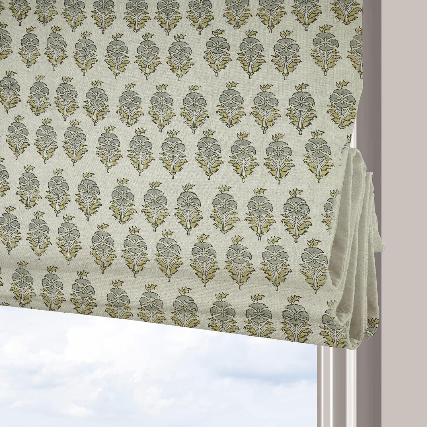 Hand Block Roman Shade in Pure Linen Gray & Deep Green Botanical Window Elegance - Mormukut