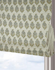 Hand Block Roman Shade in Pure Linen Gray & Deep Green Botanical Window Elegance - Mormukut