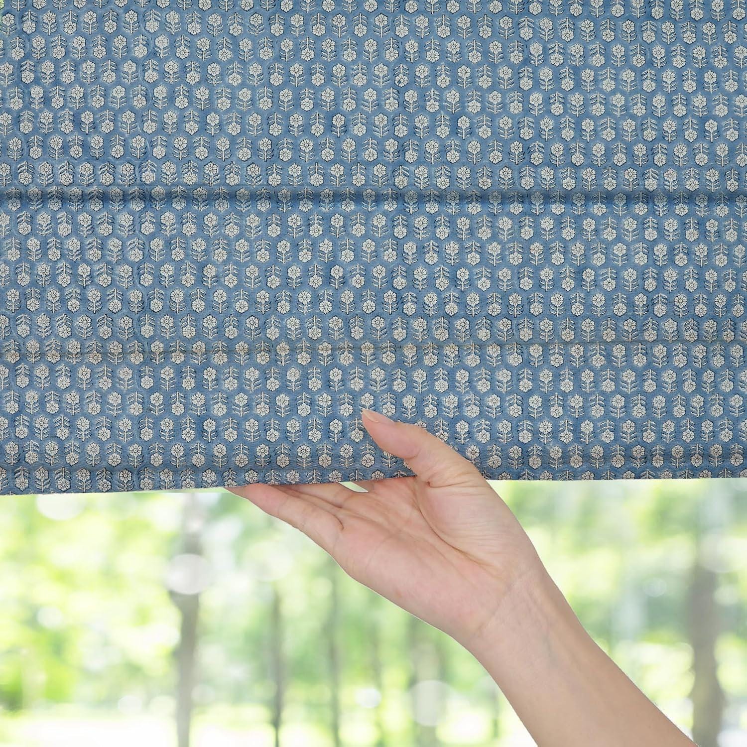Handmade Gray Floral Block Printed Roman Shade in Thick Linen Blackout Window - Tulsi Buti