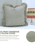 Handmade Throw Block Printed Gray and Beige Floral Thick Linen Frill Pillow Cover - Tulsi Buti
