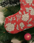 Block Printed Red & Beige Big Floral Christmas Stockings on Thick Linen with Pompom Elegant Festive Decorative Holiday Decor - Rameshwaram