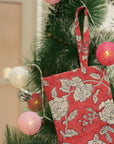 Block Printed Red & Beige Big Floral Christmas Stockings on Thick Linen with Pompom Elegant Festive Decorative Holiday Decor - Rameshwaram