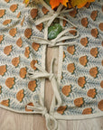 Handmade Block Printed Gray, Green & Bronze Brown Floral Linen Blend Christmas Tree Skirt – Lotus Holiday Decor