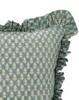 Floral Block Printed Pure Linen Frill Pillow Cover - Hariyali