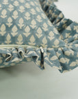 Floral Block Printed Pure Linen Frill Pillow Cover - Hariyali