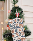Handmade Mandakani Blue and Coconut Christmas Stockings Block Printed on Thick White Cotton with Pom Pom Detailing Perfect for Bedroom Holiday Decor