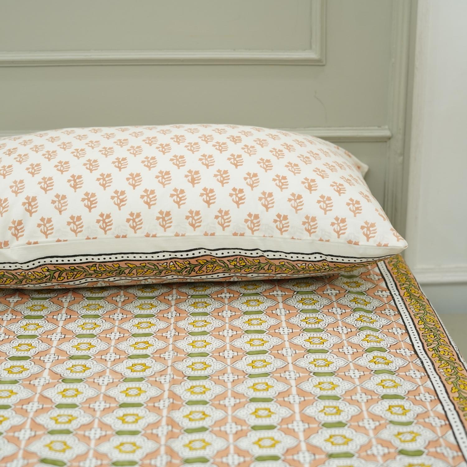 Printed bedcover with both side print pillowcase, king size cotton bedsheet, handmade natural cotton queen and twin size bedcover with pillow cover set.