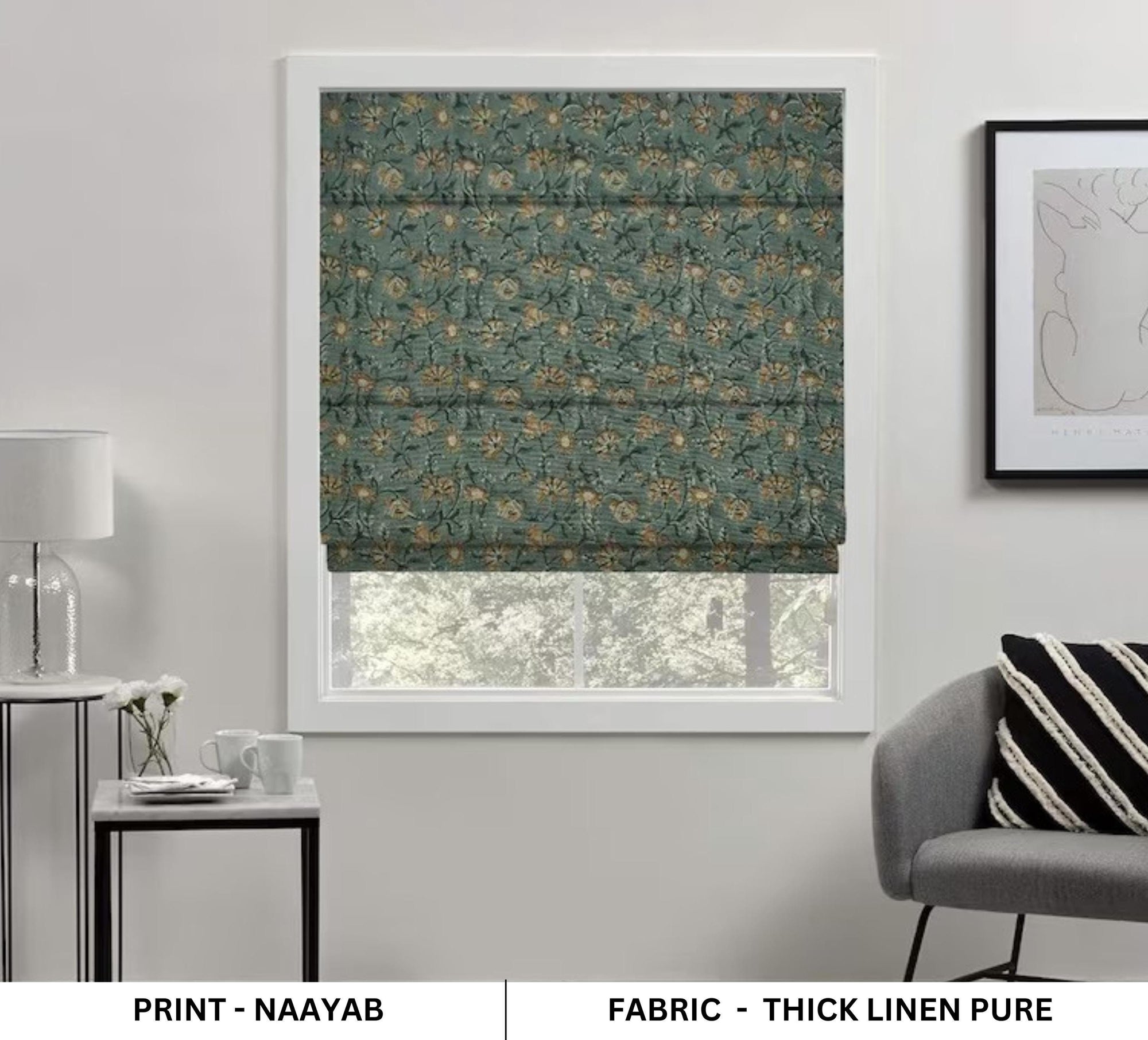 Handmade Thick Linen Block Printed Gray and Brown Floral Custom Window Shades - Naayab