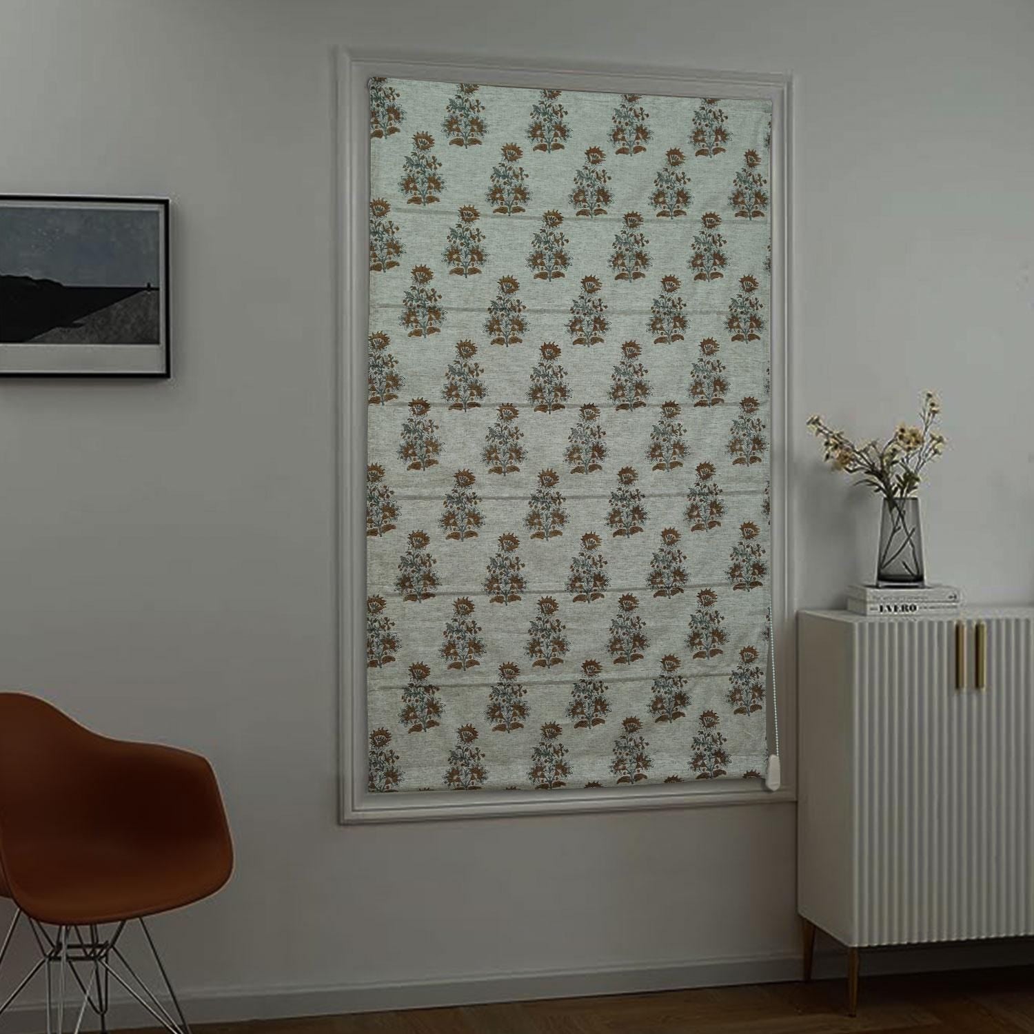 Block Printed Boho Roman Shade in Brown & Gray Floral on Cotton Linen Window Blind – GOVARDHAN