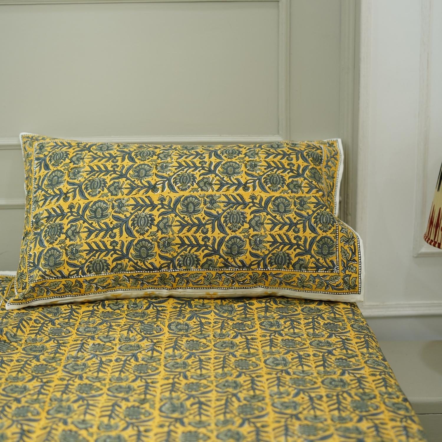 Yellow printed bedsheet, block print handmade cotton bed cover with pillowcase, decorative Indian cotton bedsheet, cotton pillow cover, floral print bedcover