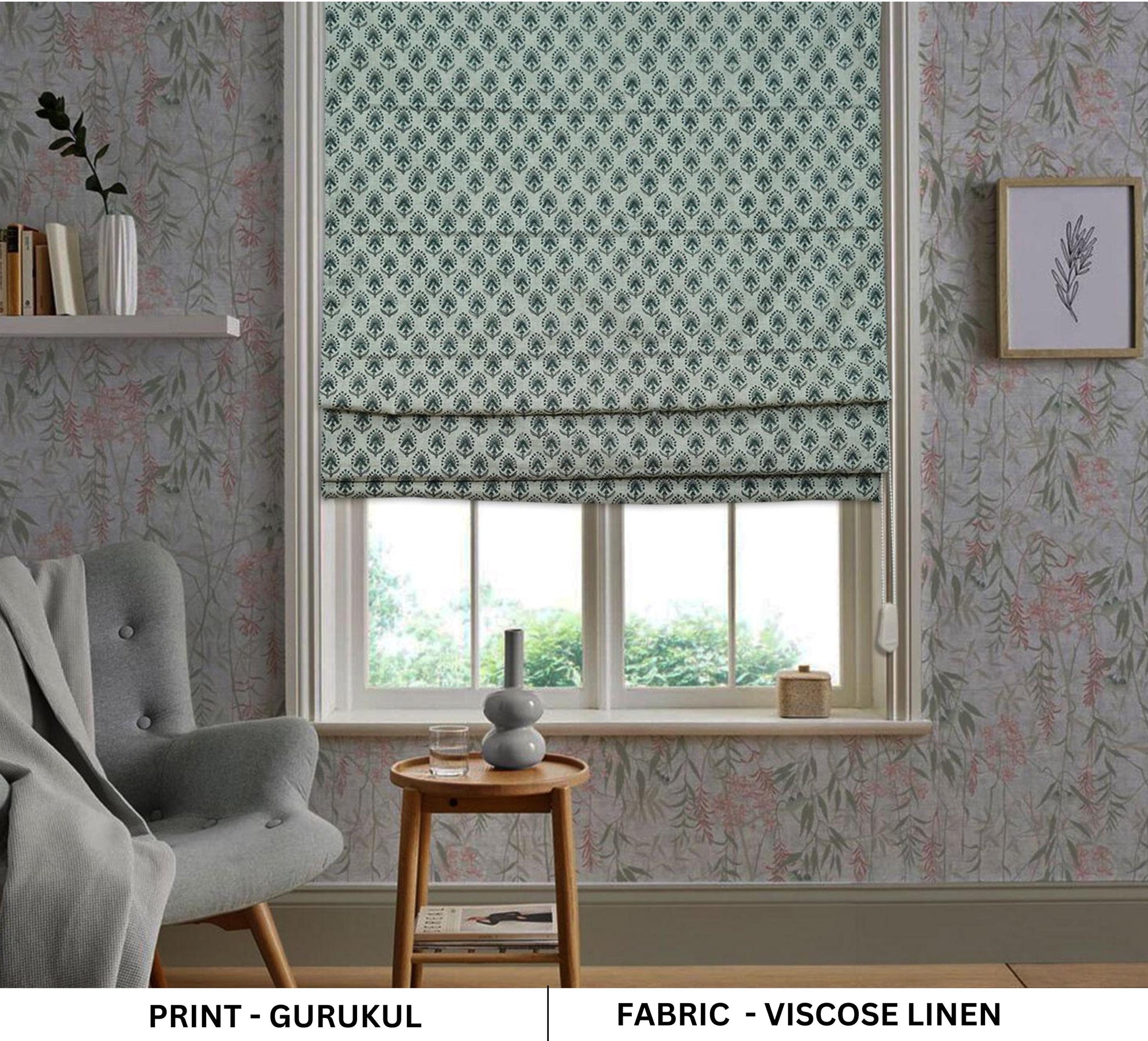 Handmade Gray Floral Boho Roman Blind on Viscose Linen For Farmhouse Window Covering – GURUKUL