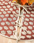 Handmade Brown & Beige Floral Block Printed Round Christmas Tree Skirt on Mayur Linen Blend for Tree Fuller Look