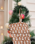 Block Printed Brown Mandakani Christmas Stockings Handcrafted on Thick White Cotton with Pom Pom Detailing Perfect for Farmhouse Hanging