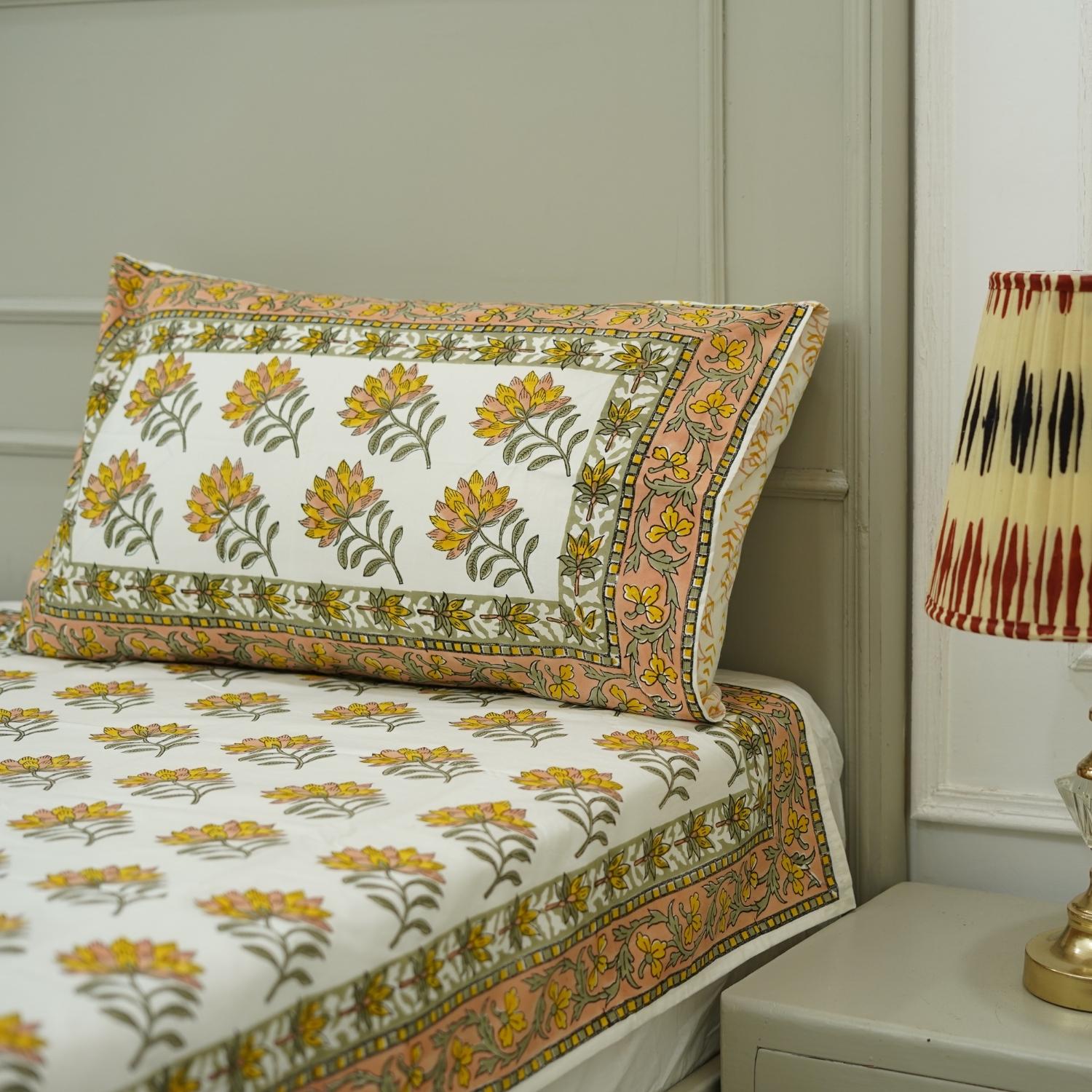 Floral block print 100% cotton bedsheet, natural bedding, decorative cotton bedspreads, colorful printed bedsheet for bedrooms, living room.