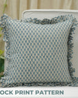 Floral Block Printed Pure Linen Frill Pillow Cover - Hariyali
