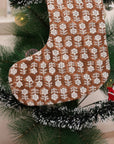Block Printed Brown Mandakani Christmas Stockings Handcrafted on Thick White Cotton with Pom Pom Detailing Perfect for Farmhouse Hanging