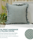 Floral Block Printed Pure Linen Frill Pillow Cover - Hariyali