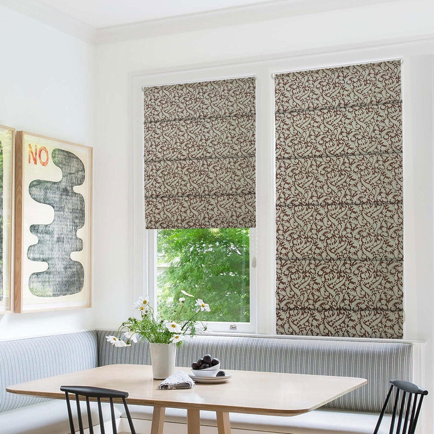 Floral Block Printed Thick Linen Roman Shade Blackout Window Blinds Decorative - Black Forest