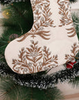 Block Printed Thick Cotton White Brown & Gray Floral Vrindavan Christmas Stockings with Pompom for Farmhouse & Festive Holiday Decor