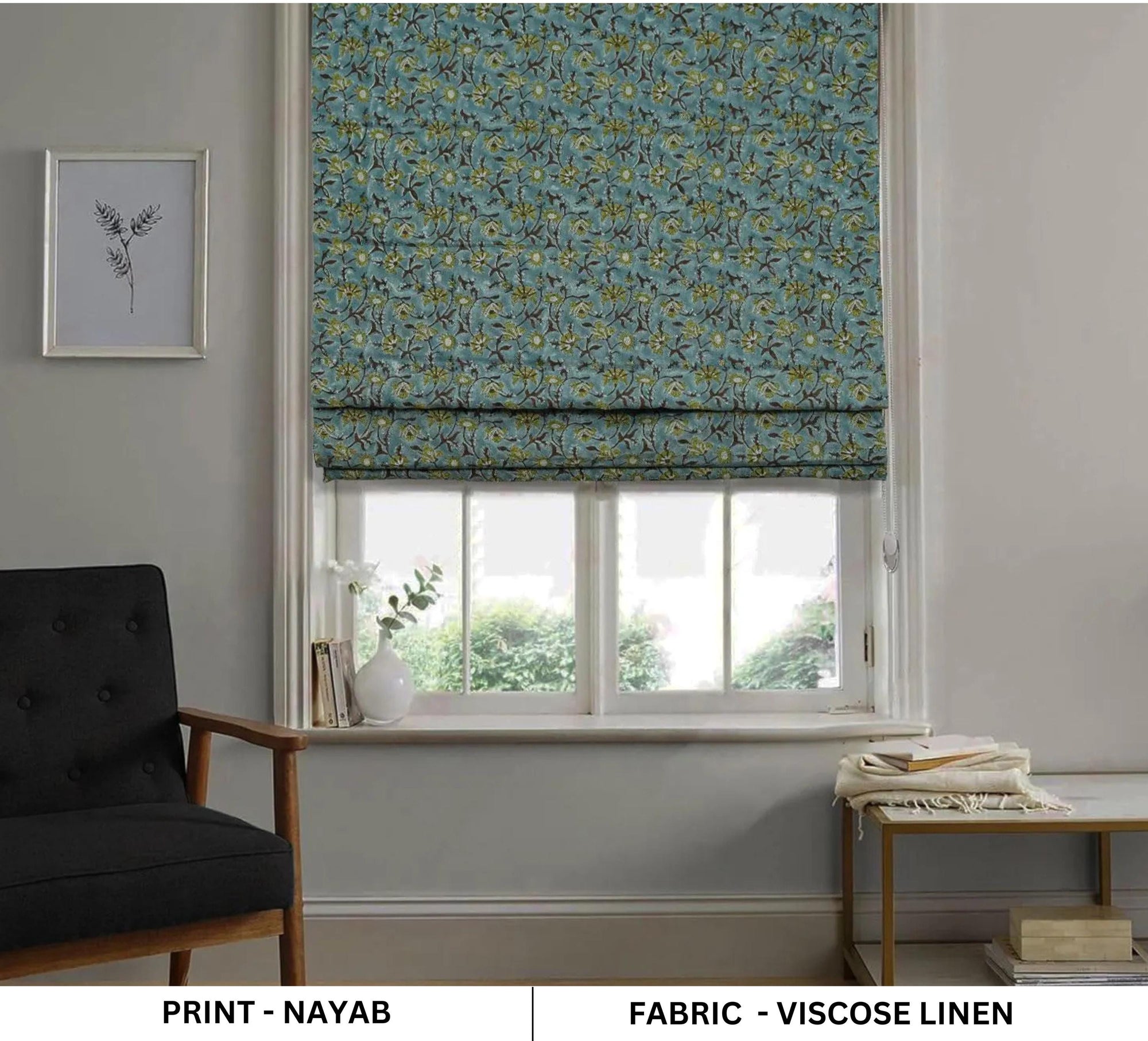 Handmade Block Printed Boho Roman Shade in Gray & Brown Viscose Linen Window Covering - Nayab