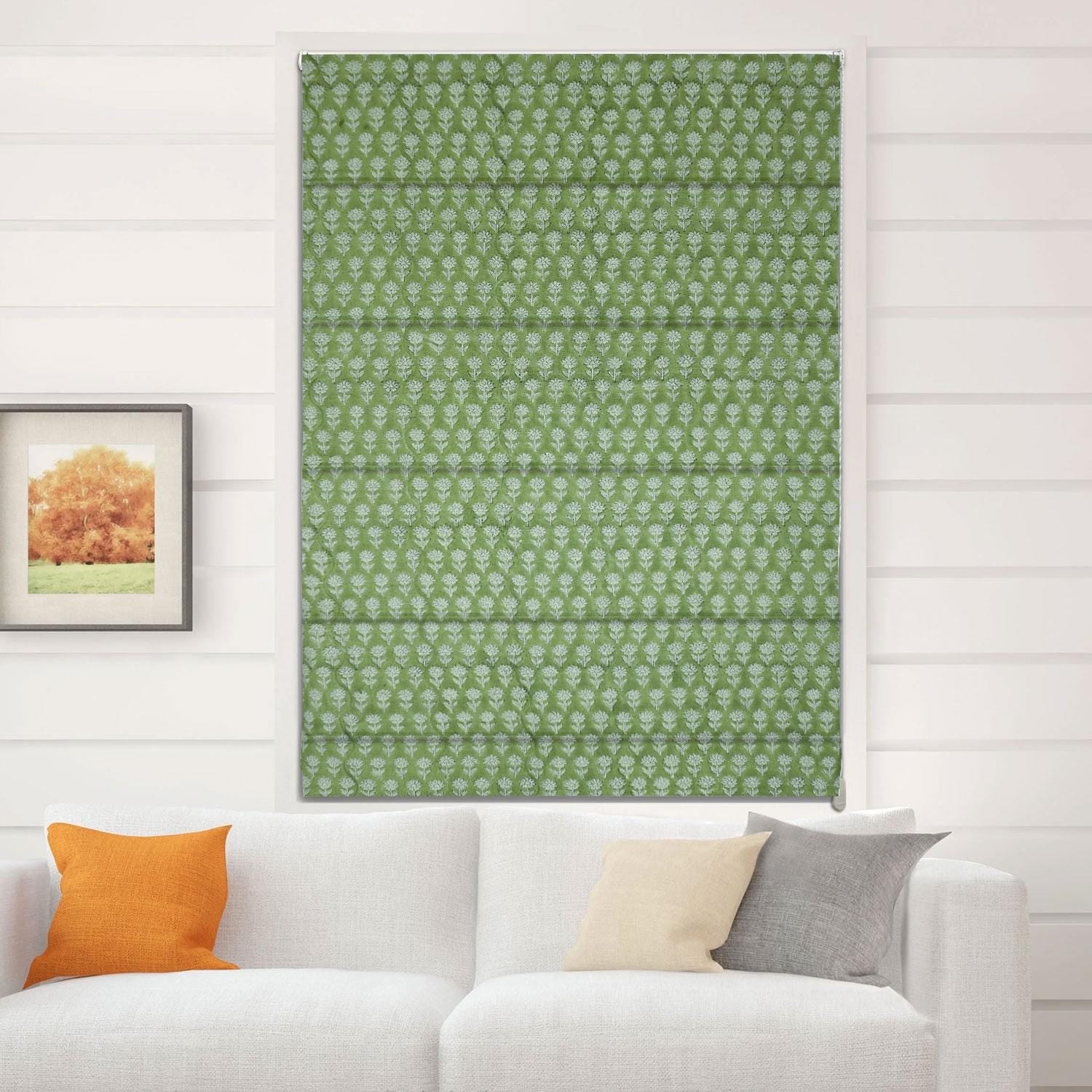 Block Printed Leaf Green Floral Roman Shades on Thick Linen Handmade Custom Window Treatment – PANKHUDI