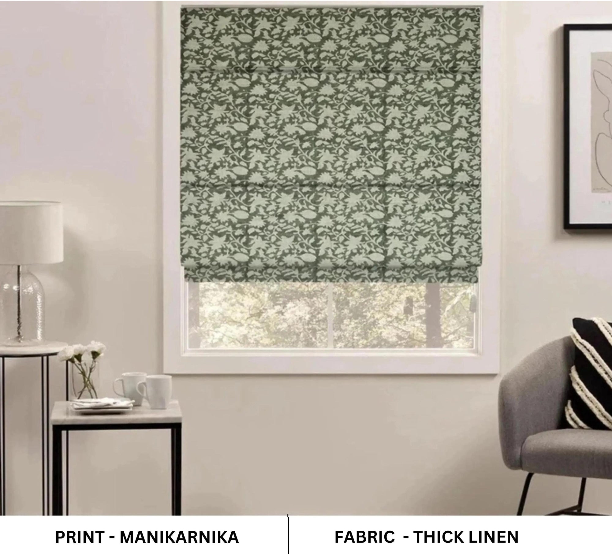 Block Printed Gray Floral Roman Shade in Thick Linen Window Covering for Bedroom Decor – Manikarnika