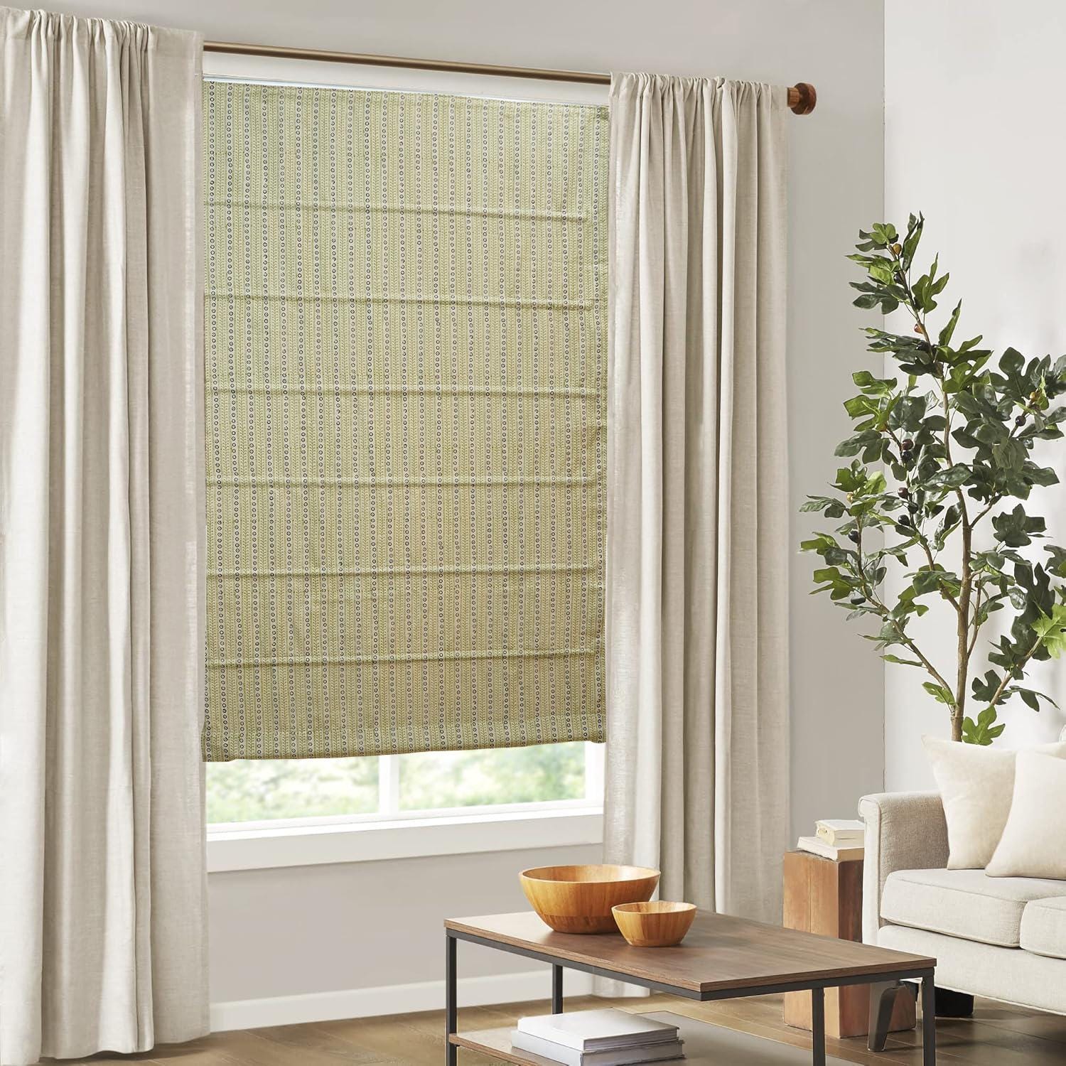 Hand Block Printed Khaki Floral Blackout Roman Shade In Pure Linen Window Curtain- Ethnic Lehariya